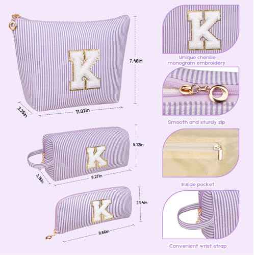 Initials Makeup Bag Set, Personalized Purple Cosmetic Bag, Cute Large Make up Bags, Travel Toiletry Bag for Women Girl Gifts A (Purple)