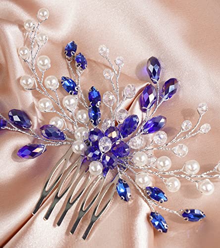 Xerling Blue Sapphire Bridal Hair Comb Rhinestone Wedding Hair Accessories for Bride Vintage Pearl Crystal Headpiece for Women (Blue)