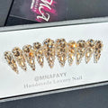 Luxury Gems 100% Handmade Nails Gold Long Stiletto Press On Nails Full Cover 3D Rhinestone Crystal Gorgeous Reusable UV Finished Fake False Nails Acrylic Nail Kit With Box Gifts for Women L