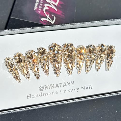 Luxury Gems 100% Handmade Nails Gold Long Stiletto Press On Nails Full Cover 3D Rhinestone Crystal Gorgeous Reusable UV Finished Fake False Nails Acrylic Nail Kit With Box Gifts for Women L