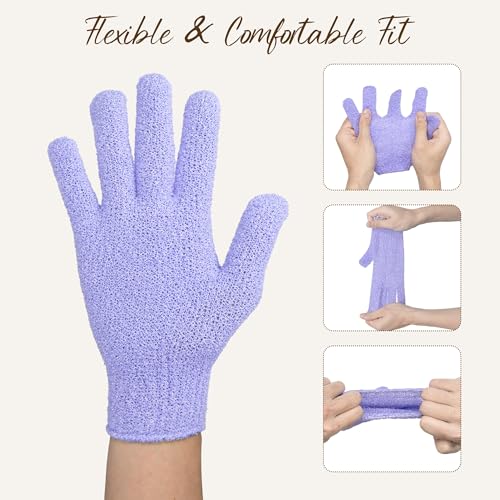 Exfoliating Gloves for Shower - 6 Pairs Body Scrub Gloves in Purple
