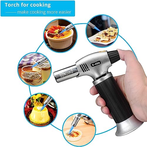 Sondiko S400 2 Pack Butane Torch, Refillable Kitchen Lighter, Adjustable Flame for Creme Brulee and Baking