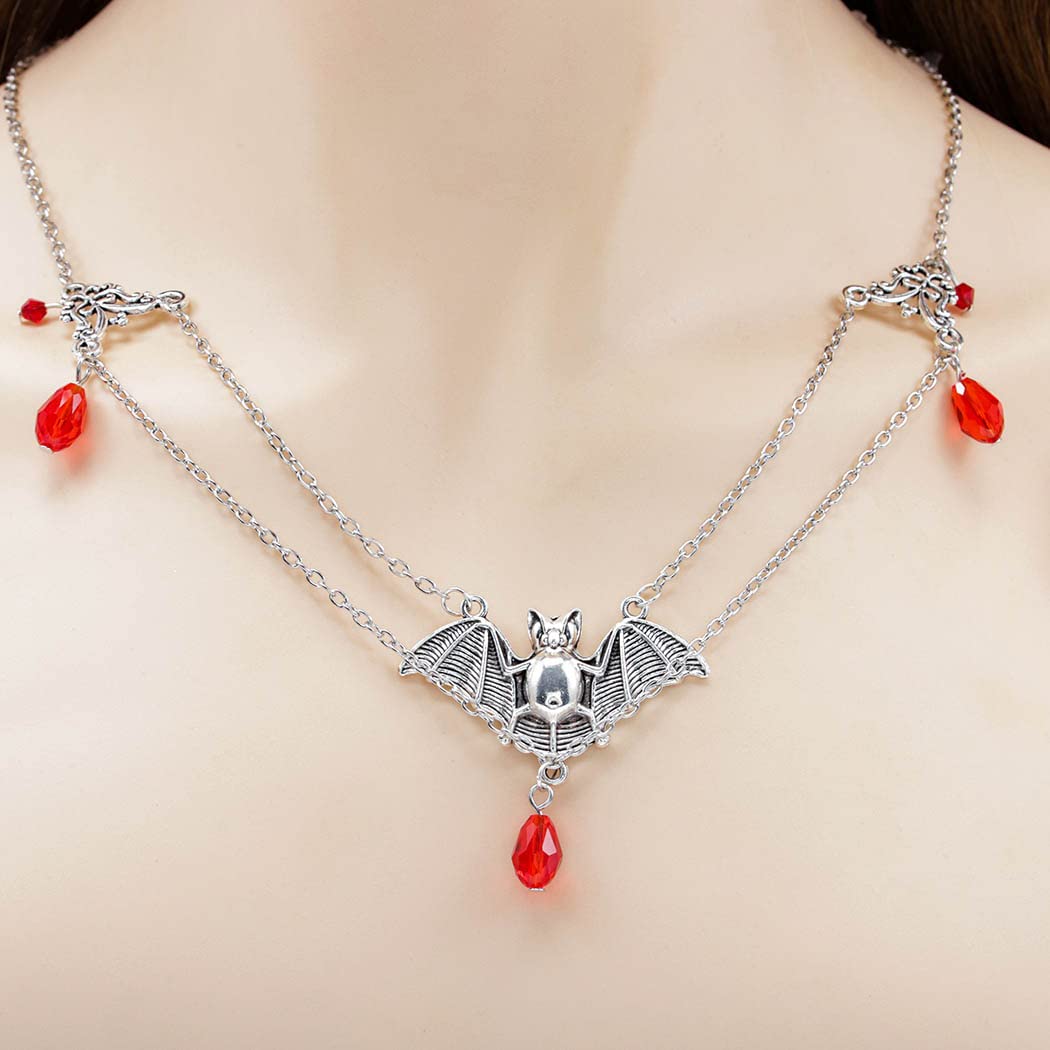 Obmyec Boho Bat Head Chains Silver Crystal Headpiece Layered Pendant Hair Chain Halloween Party Forehead Chains Festival Costume Hair Accessories for Women (Red)