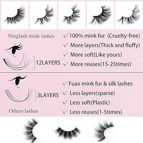 Mink Lashes Bulk Ninglash 10 Pack False Eyelashes, 20-22MM Real Mink EyeLashes, Thick HandMade Full Strip Lashes, Crueltyl Free Lash, 5D Mink Lashes Wholesale