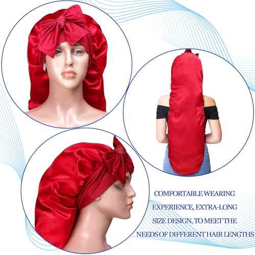 Geyoga 3 Pcs 40 Inches Extra Long Satin Braid Bonnet for Sleeping Silk Hair Bonnet for Women with Tie Band Foldable Braids Hair Sleep Tie, Black, Wine Red and Gold