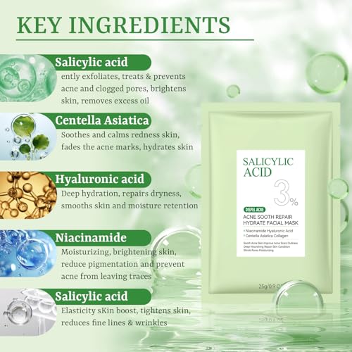 Anti Acne Face Mask Salicylic Acid Face Masks Skincare, Hydrating Face Masks, Soothing Facial Sheet Masks Skin Care for Acne Prone, Acne Mask for Pimple Breakouts Oil Control, 10 Pack