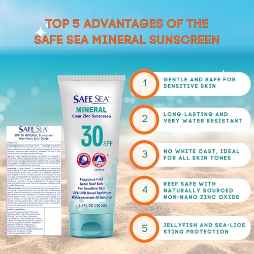 Safe Sea Zinc Oxide Sunscreen SPF30 | Clear Mineral Face And Body Reef Safe Sunscreen Without White Cast | Anti-Jellyfish Sting Protective Lotion | 3.4Oz (100ml) (2 Pack)