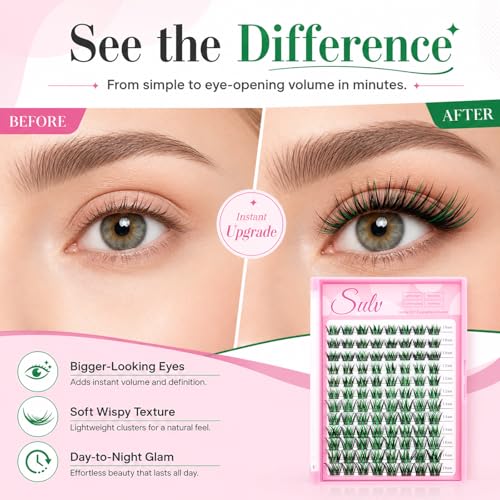 Black & Green 3D Cluster Lashes - 10mm Fluffy Extensions