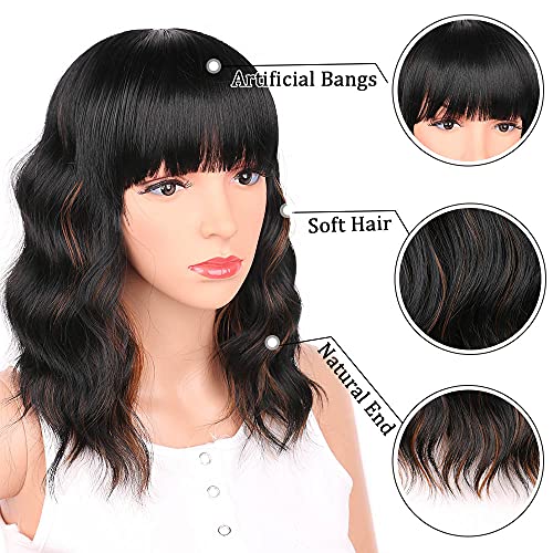 Ucubb Black Mixed Brown 14 Inch Short Wavy Curly Hair Wigs with Bangs - Shoulder Length Synthetic Heat Resistant Wigs for Black Women