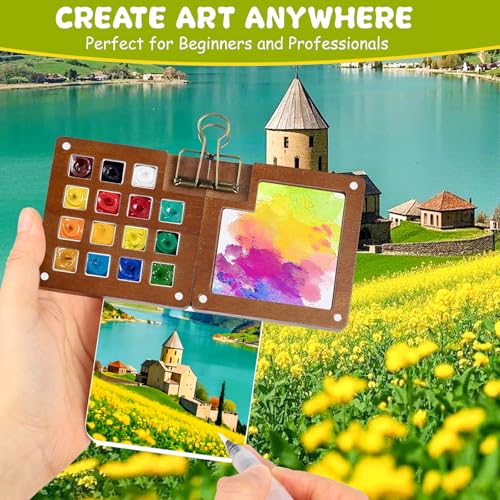 24 Color Watercolor Travel Set with Walnut Palette & Sketchbooks