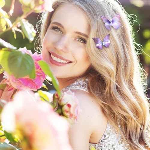 5Pcs Purple Butterfly Hair Clips, Gradient Rhinestone Organza Barrettes Christmas Bachelorette Party Halloween Rave Festival Concert Hair Accessories for Women