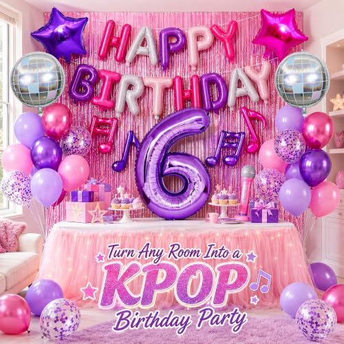 Kpop Music Birthday Balloon Set - Pink Purple 6th Birthday Decorations