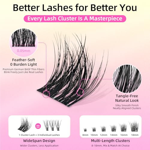 C Curl Eyelash Clusters - 0.05mm Ultra-Thin Band, 8-18mm