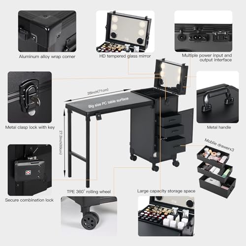 Portable Nail Desk with Foldable Table, 3 Drawers & Mirror