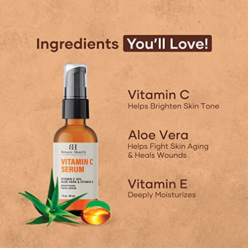 Botanic Hearth Vitamin C Serum for Face - Skin Care Formula with Vitamin E - Anti Aging Facial and Neck Serum, Reduces Appreance of Wrinkes, Acne, Under Eye Dark Circles & Dark Spot, 1 fl oz