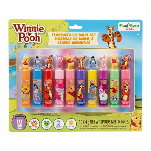 Winnie the Pooh 10 Piece Plant Based Lip Balm with Bonus Toppers, Makeup Set for Girls, Boys, Toddlers, Perfect for Gift-Giving, Sleepovers, for Kids, by Townley Girl
