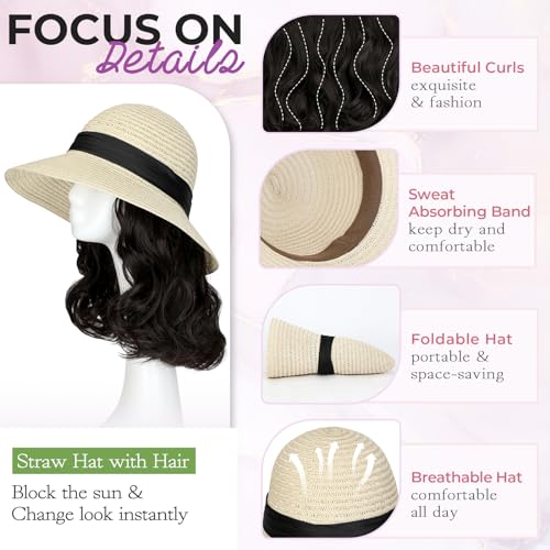 Straw Sun Hat with Detachable 12" Wavy Hair Extensions