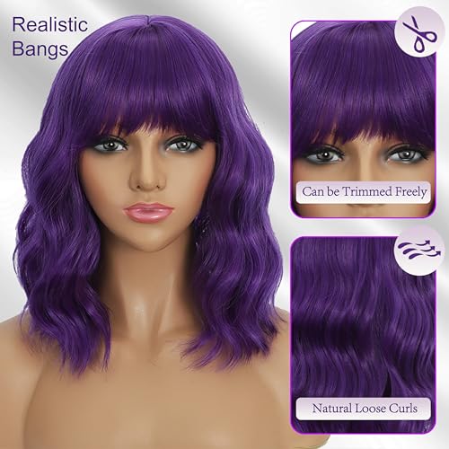 Dark Purple Short Wavy Bob Wig with Bangs 14 Inch