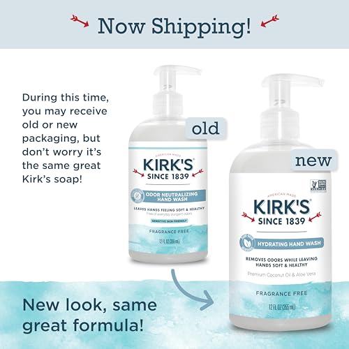 Kirk's Hydrating Hand Wash - Made with Premium Coconut Oil and Aloe Vera, With Plant Based Technology To Help Eliminate Odors, Non GMO, Vegan, Fragrance Free, 12 Fl Oz. 4 pack