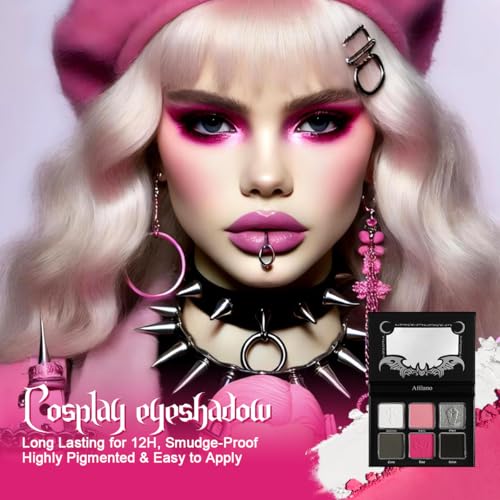 Afflano Goth Pink Eyeshadow Palette, Black Silver Pink Smokey Eyes Makeup Eyeshadow Pallet With Mirror, for Goth Girls Women Long Lasting Daily Valentine makeup, Emo Halloween Clown SFX Gothic Looks