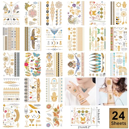 Metallic Temporary Tattoo 260+ Gold Silver Fake Tattoos for Women,Flash Jewelry Gold Tattoos Waterproof and Long Lasting