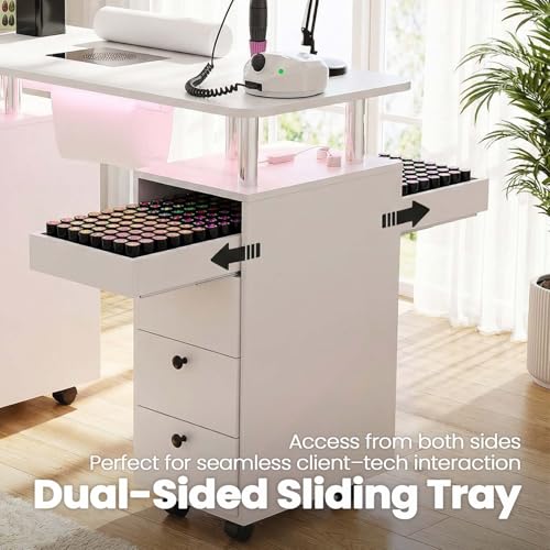 Nail Tech Table with Dust Collector & LED Light - Rolling Manicure Desk