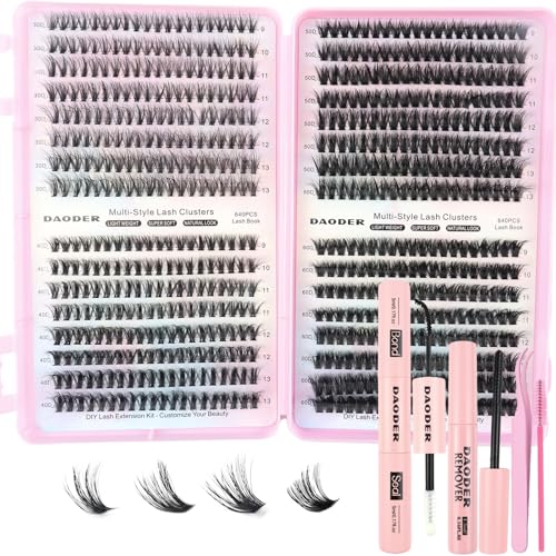 DAODER Lash Clusters Kit 640Pcs Wispy Fluff Eyelashes 9-13mm D Curl