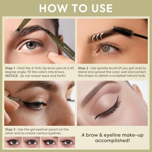 UCANBE Eyebrow Pen, Dual-Ended Eyebrow Pencil with 4-Fork-Tip & Gel Eyeliner for Women, Eye Brow Pen with Gel Eyeliner Pencil, Microblading Eyebrow Pencils with Hair Like Strokes, Dark Brown
