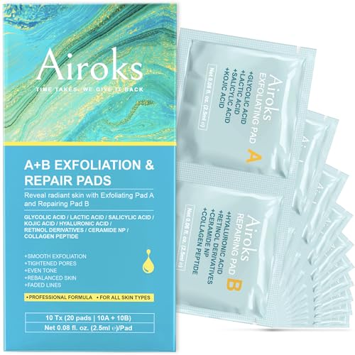 A+B Exfoliating & Repair Face Pads 10 Tx - 2-Step Acid Peel Serum Treatment with Glycolic, Salicylic, Kojic Acid & Retinol Hyaluronic Peptides for Smooth Skin, Pore Minimizer, Hyperpigmentation