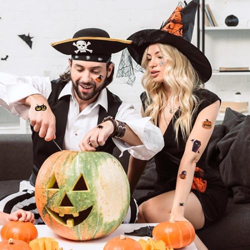 VERKSTAD Halloween 6 Sheets Skull Face Tattoo, Scary Mouth Tattoo Stickers, Horror Skeleton Vampire Death Demon Zombie Temporary Tattoos, 8 Small Pumpkin Tattoo Costume Makeup Cosplay Accessories