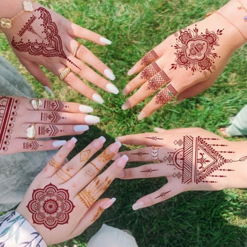 Brown Temporary Tattoo Stickers, 9 Sheets Red Brown Waterproof Tattoo Stickers for Women Wedding Party Festival Lotus Mandala Flower Temporary Tattoos