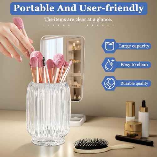 Makeup Brush Holder, Thick Glass Makeup Brush Organizer Cup, 4.8" Tall for Vanity Hair Brush Holder Brushes Storage, Makeup Brush Holder Organizer organizador de brochas de maquillaje Crystal Clear