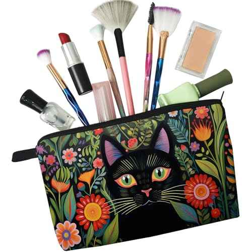 Black Cat Makeup Bag Mexican Folk Art Painting Small Organizer Zipper Pouch Floral Black Cat Kitten Print Cosmetic Bag Present for Women Friends