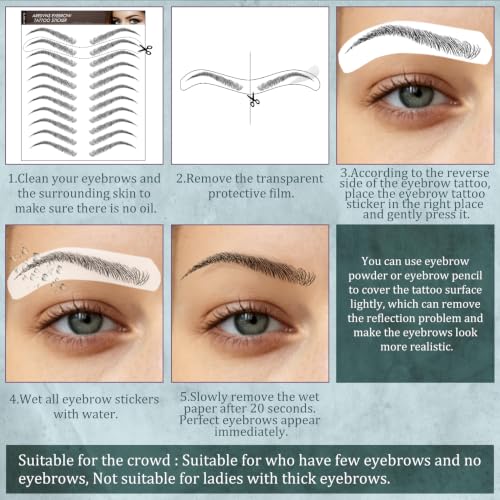 Waterproof Eyebrow Tattoo Stickers - 66 Pairs 4D Hair-Like Black Brows