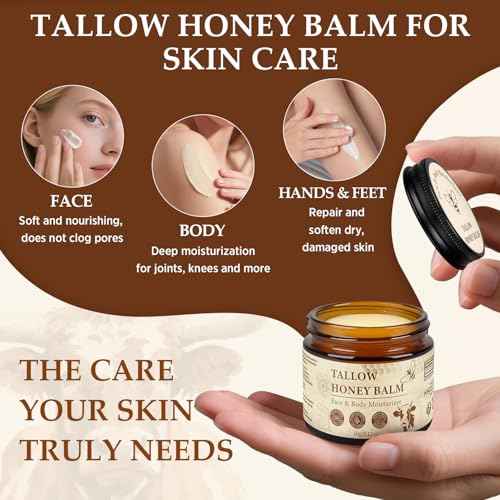 Beef Tallow for Skin, Tallow and Honey Balm for Face, Grass-Fed Beef Tallow & Raw Wild Honey, Deep Hydration & Nourishment, Oil-Free & Unscented, Fast Absorbing