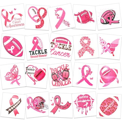 HOWAF 72pcs Breast Cancer Awareness Temporary Tattoos, Glitter Pink Out Football Tattoos, Football Pink Ribbon Themed Tattoos Stickers for Breast Cancer Month Charity Event Supplies Favors