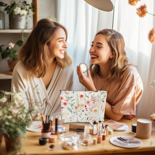 4 Pcs Watercolor Wildflower Makeup Bag, Botanical Cosmetic Bags Plant Lover Friendship Gifts for Women Sister Bestie Mom Friend Thanksgiving Christmas Birthday Gifts Travel Toiletry Bag Accessories