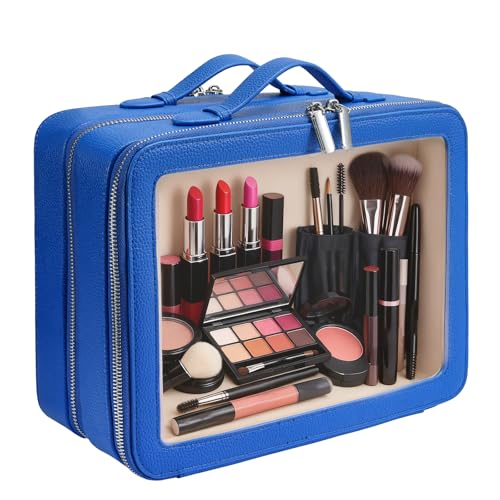 Clear Makeup Bag,Large Toiletry Case for Women,PU Leather Travel Cosmetic Bag,Detachable Makeup Case,Double Compartment Make up Organizer