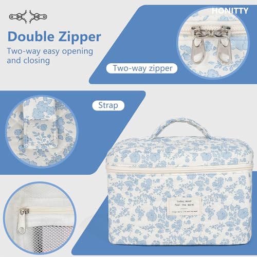 Quilted Floral Makeup Bag Set - 3 Piece Cotton Travel Cosmetic Organizer