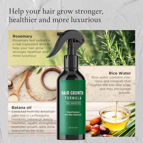 Rosemary Water Spray for Hair Growth, Rosemary Hair Growth Scalp Spray With Rice Water & Batana Oil, Biotin, Citrus Peel and Mint to Strengthen Strands and Promote Hair, 4.2 fl oz (Clear)