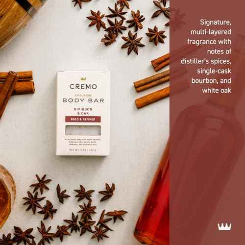 Cremo Exfoliating Body Bar for Men, Bourbon & Oak Scent, Multi-Layered Fragrance That Buffs, Cleanses and Hydrates Skin, 5oz