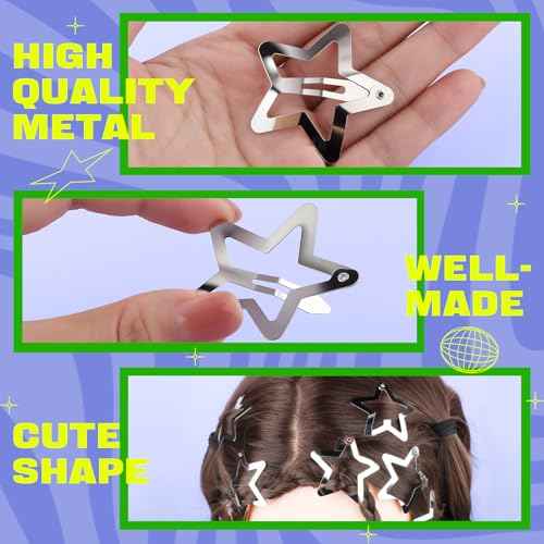 YGDZ 30 PCS 1.61" Star Hair Clips, Y2K Hair Accessories, Silver Clips for Girls Women, Rave Accessories, Non Slip Barrettes, Metal Snap Hair Clips