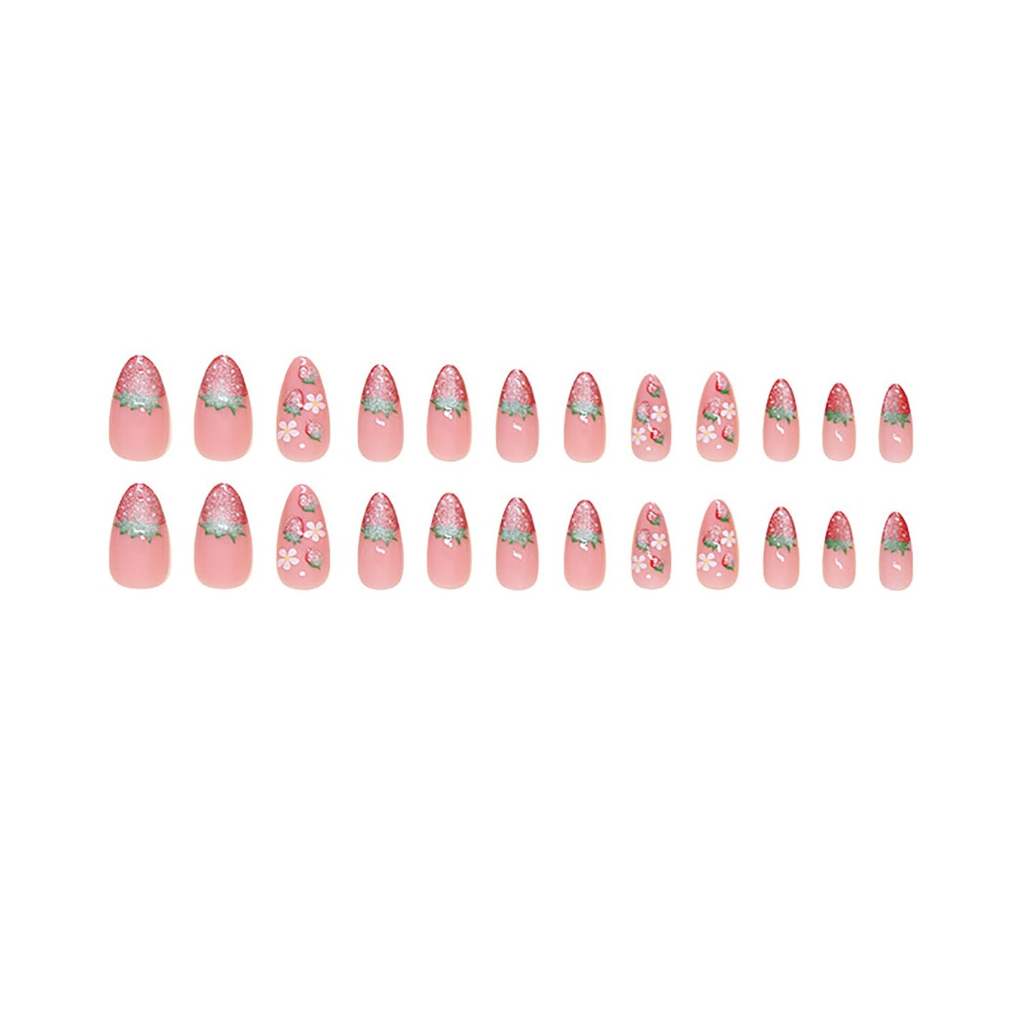 24 Pcs Medium Press on Nails Almond RIICFDD Cat Eyes Fake Nails with Strawberry & Flower Designs Nude Pink Press on Nails Acrylic Nails Full Cover Spring Summer False Nails for Women and Girls