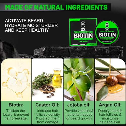 Beard Balm, 2X Thickening Biotin, with Castor Oil and Argan & Jojoba Oils, Promotes Beard Growth, Styles, Strengthens & Softens Beards & Mustaches, 2 Ounce, Vanilla, Cedar, Orange | Thickening, moisturizing, softening, Conditioning, Thickening