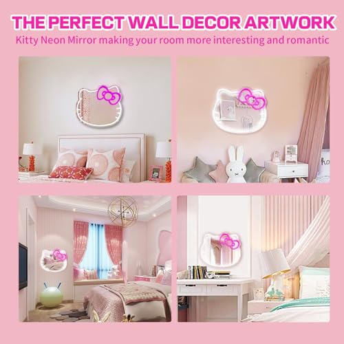Anime Hello Kit Cat Neon Sign Mirror 12 * 9.5 inch Vanity Mirror with Lights Bedroom Wall Mirror for Pink Room Decor and a Makeup Mirror with Lights Teen Girl Gifts