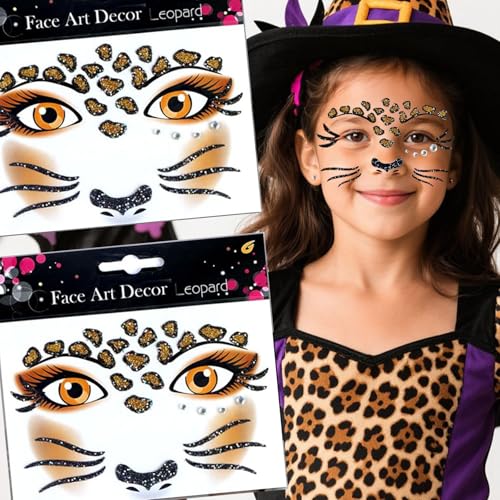 Leopard Face Temporary Tattoos - 2 Sheets with Gems