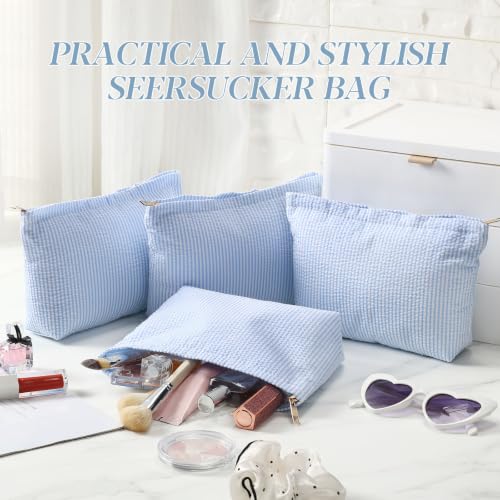 Blue 8-Piece Seersucker Makeup Bag Set for Women - Organizer Pouches