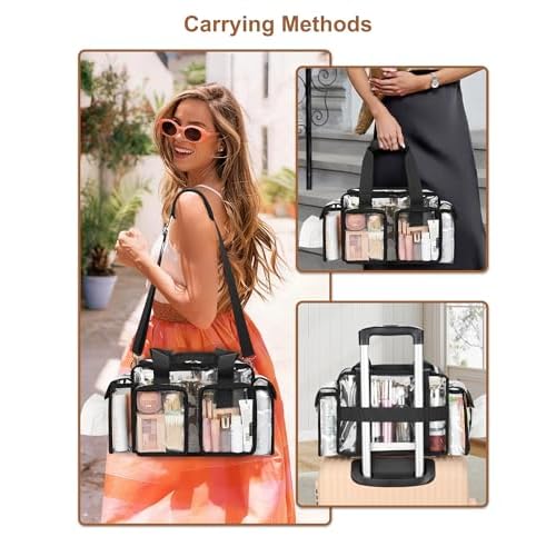 Relavel Clear Makeup Bag Professional Makeup Artist Kit Set Travel Cosmetic Organizer Case Transparent Stadium Approved Tote Bag Toiletry Lunch Duffle Work Shoulder Bag with Adjustable Dividers, Black