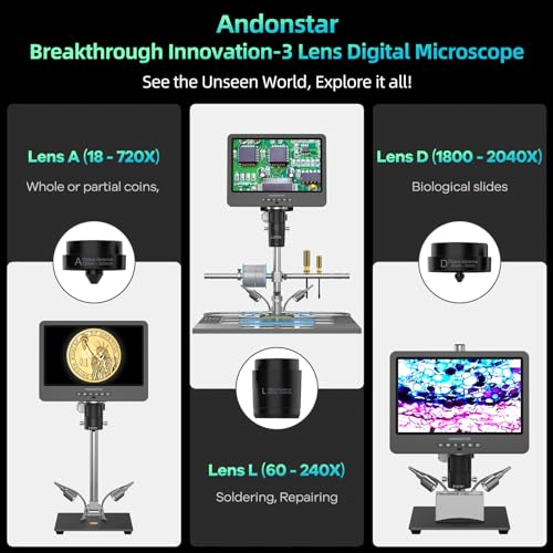 Andonstar AD249S-M Plus 10.1'' HDMI Soldering Digital Microscope for Electronics Repair, 2000x 3 Lens 2160P UHD Video Record, Soldering Microscope Station with Helping Hands, Slides, 32GB Card