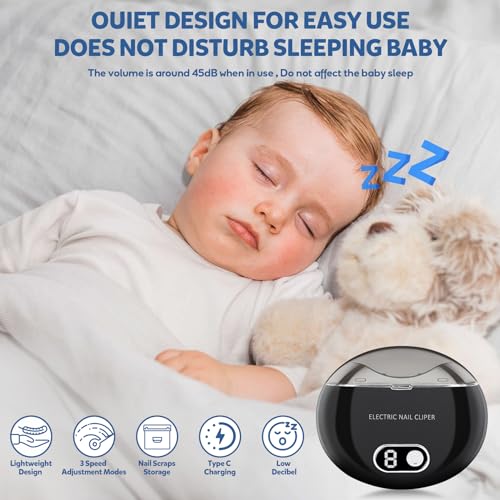 Automatic Electric Nail Clipper with LCD Display - 3-Speed USB Rechargeable Safety Nail Clippers for Kids & Babies (Black)